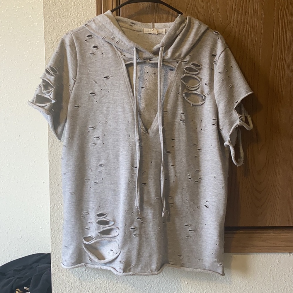 Local boutique ripped grey short sleeved hoodie